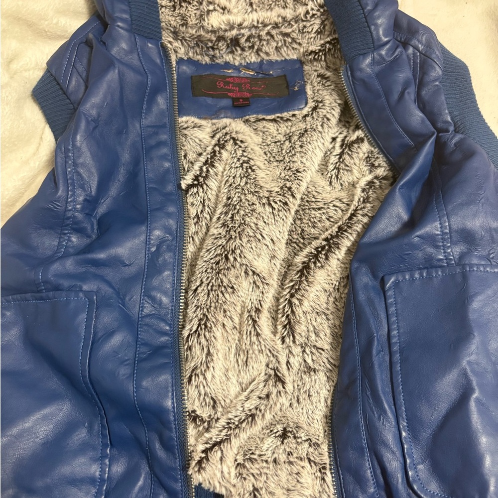 Ruby Rd. Blue Faux Leather Jacket with Faux Fur Lining